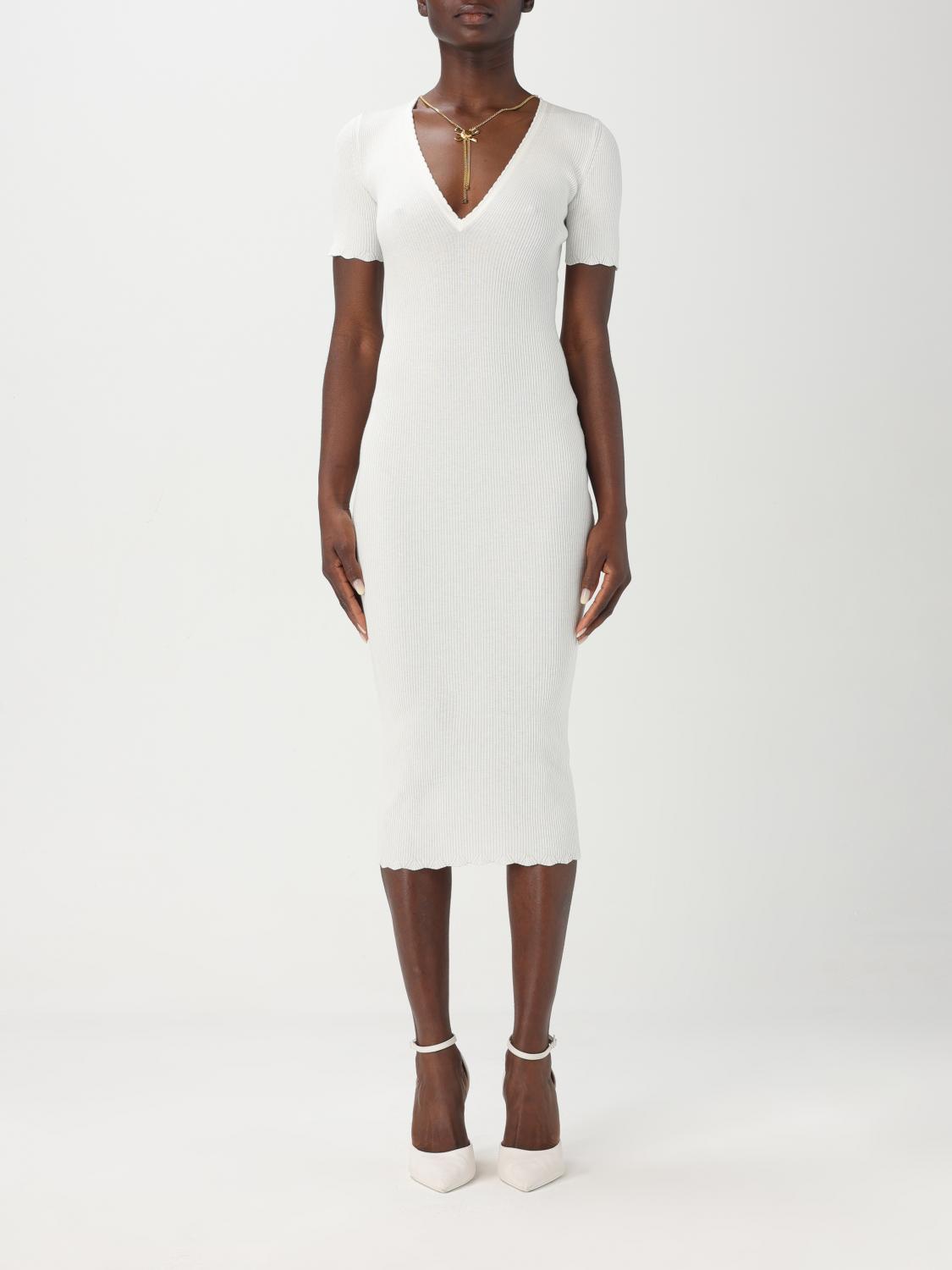 Elisabetta Franchi Necklace Embellished Ribbed Dress In Ivory
