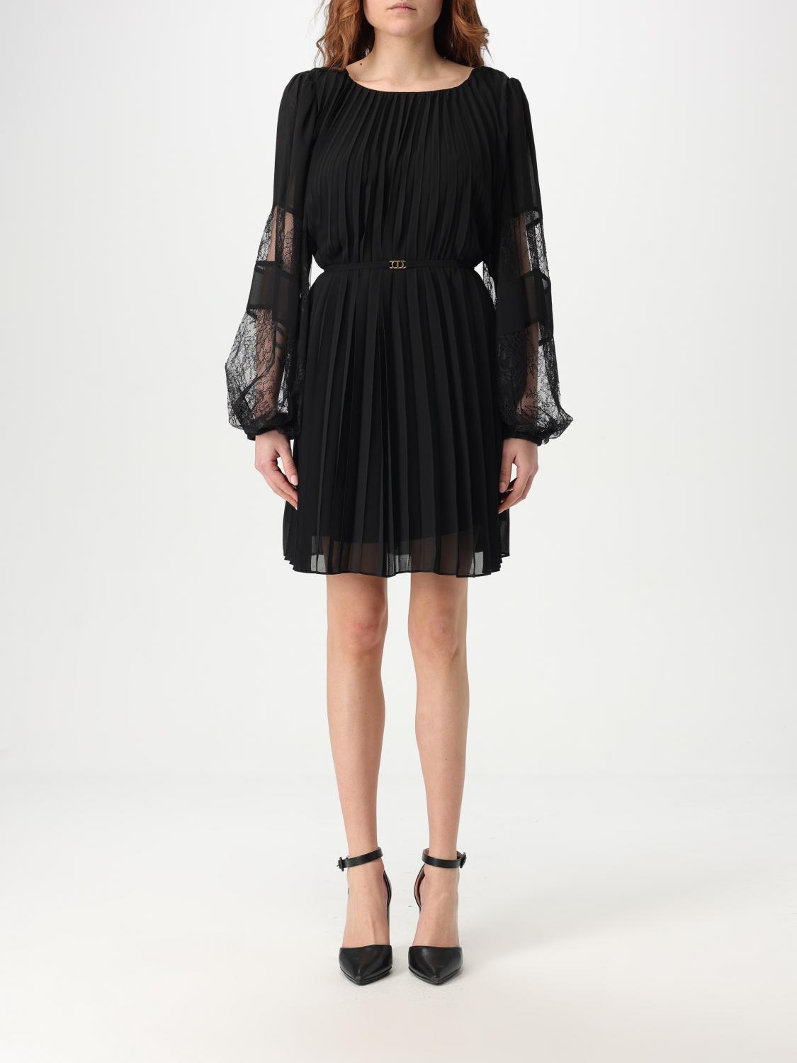 Twinset Pleated Georgette Mini Dress In Black