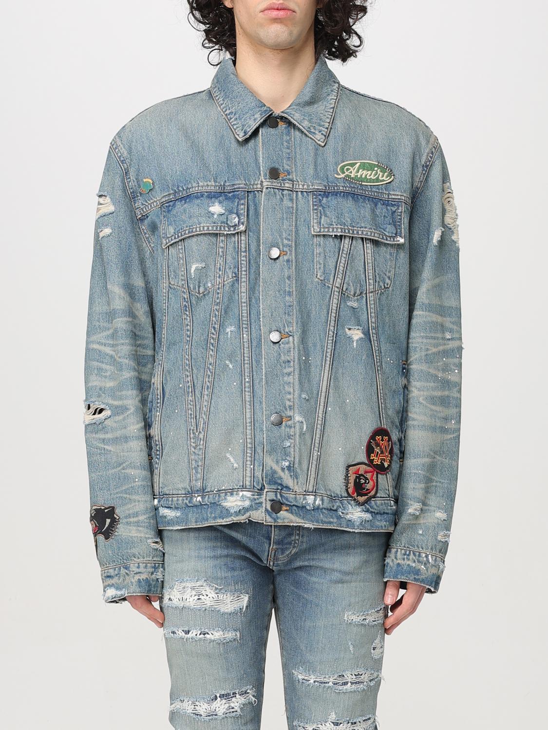 Amiri Vintage Pegasus Embellished Distressed Paint-splattered Denim Trucker Jacket In Blue