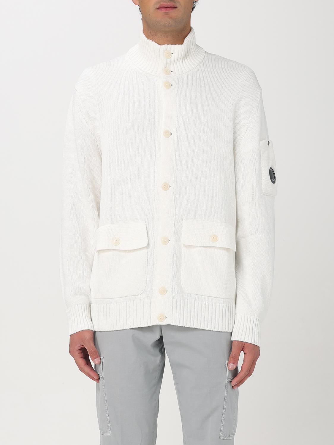 C.p. Company White Cardigan With High Neck And Lens Motif Applied On The Sleeve In Cotton Man In White