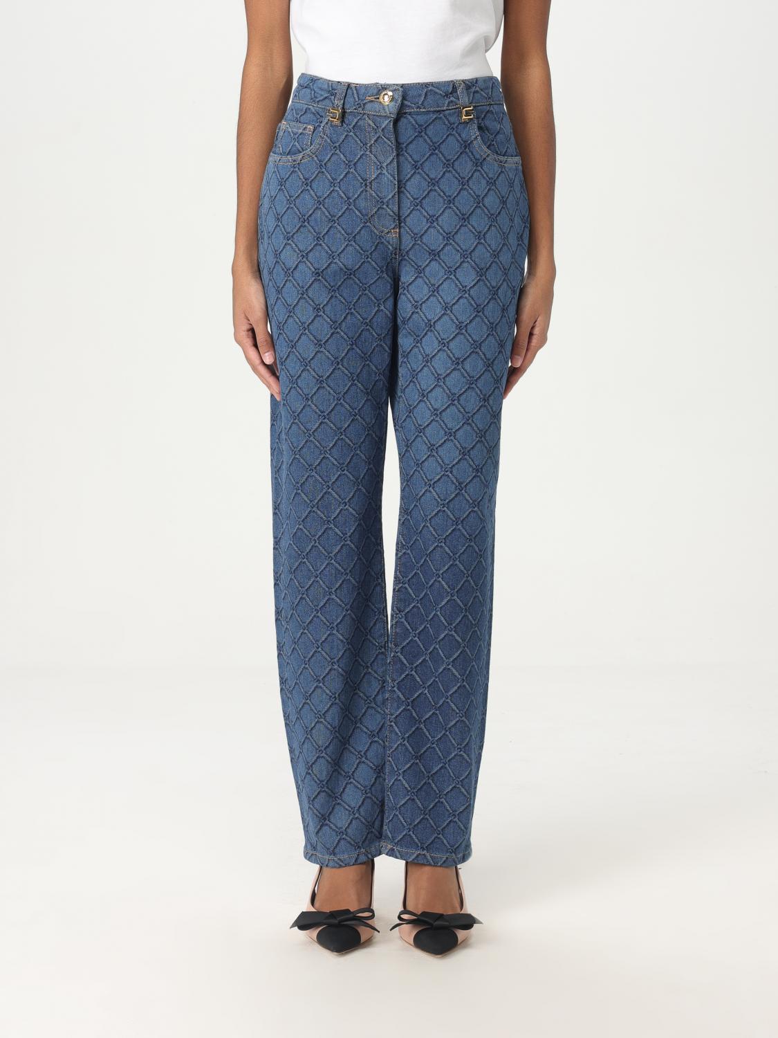 Elisabetta Franchi Slim Fit Trousers With Laser Lozenge Print In Blue