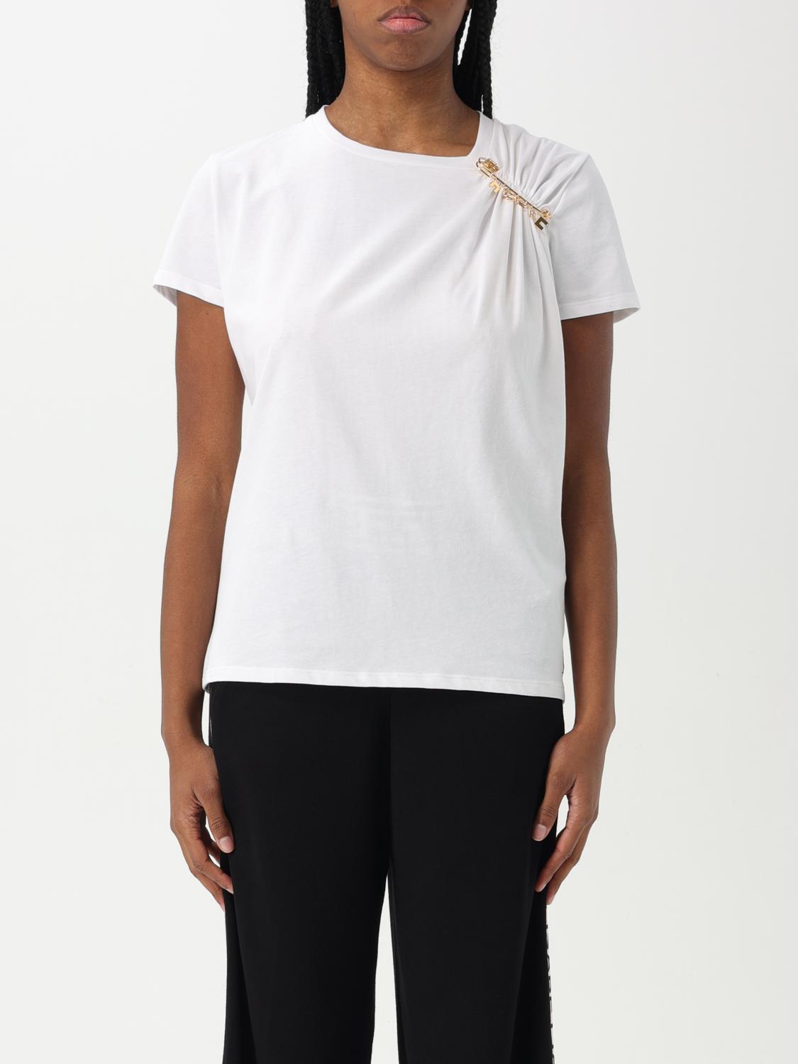 Elisabetta Franchi Asymmetric Neckline T-shirt With Gold Brooch Accents In White