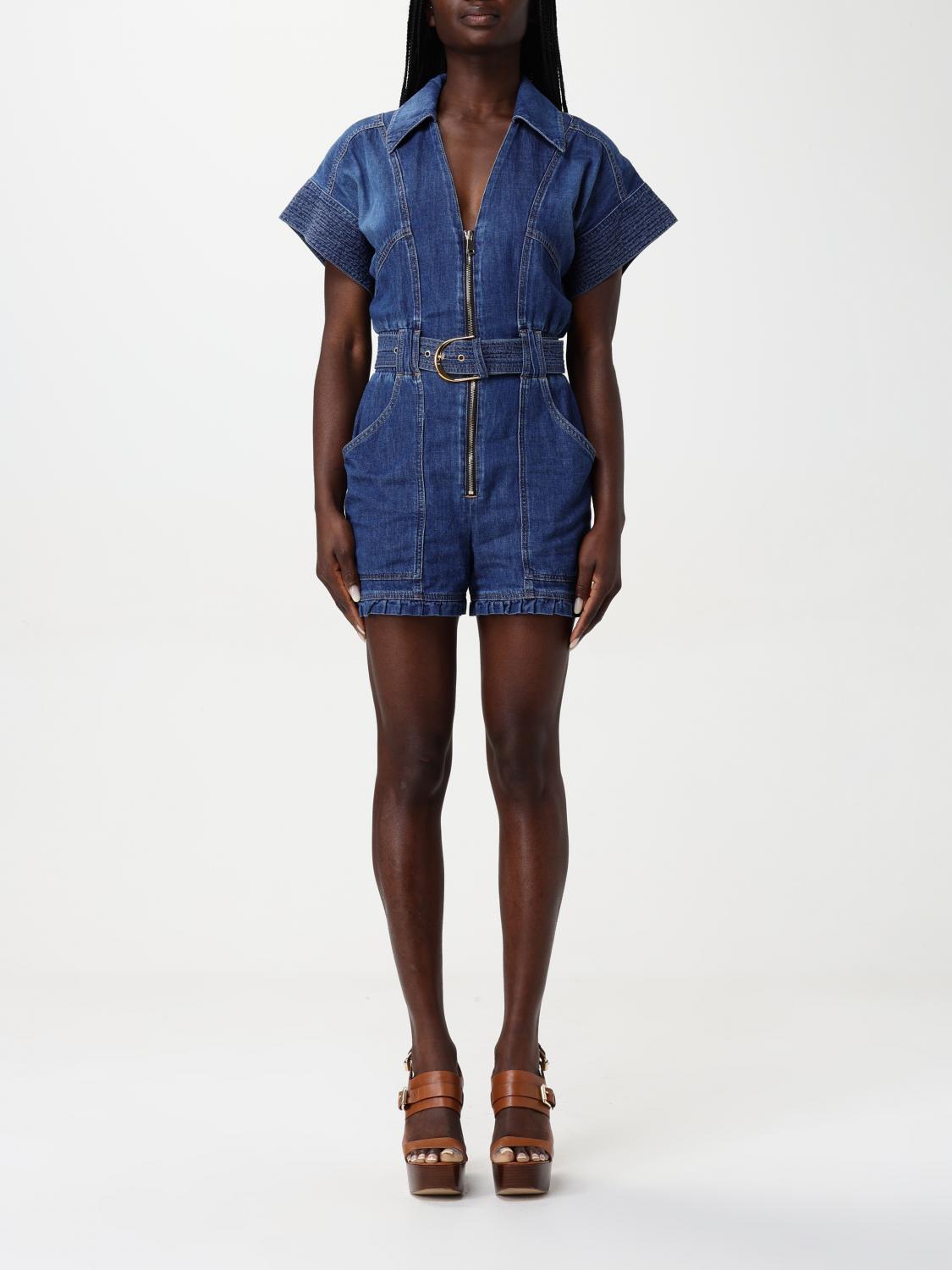 Elisabetta Franchi Mc Short Denim Monkey With Belt Detail In Blue