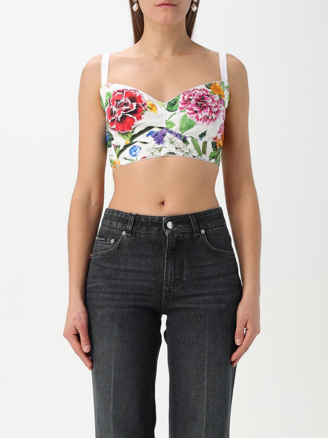 Dolce & Gabbana Multicolor Top With All-over Floral Motif And Adjustable Shoulder Straps In Cotton Blend Woman In Multicolor