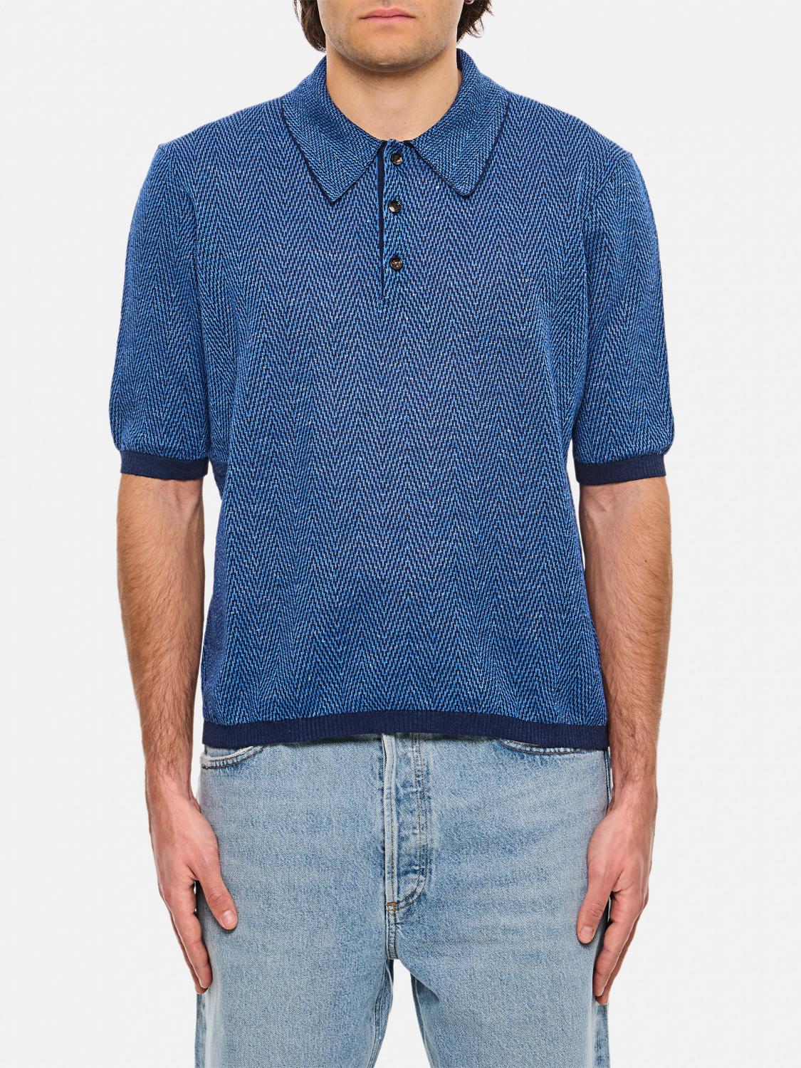 Bottega Veneta Linen Polo With Geometric Jacquard Pattern In Blue
