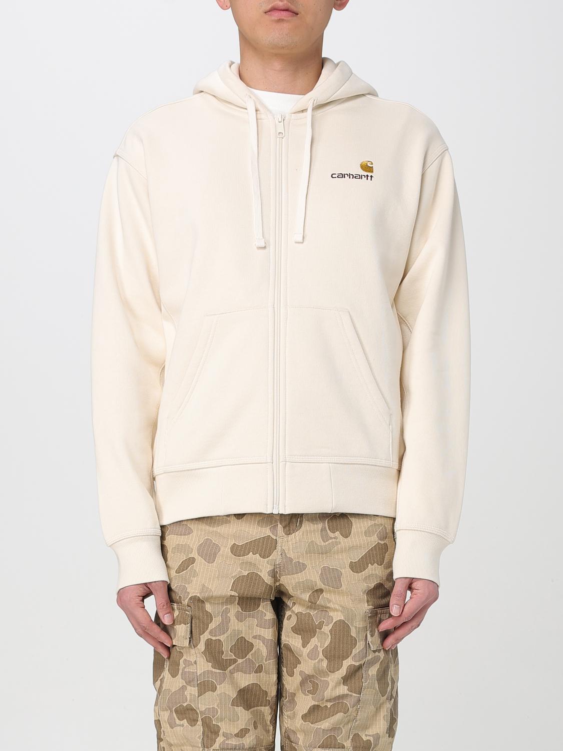 Carhartt Hooded Script Cotton Sweatshirt Pockets In Beige