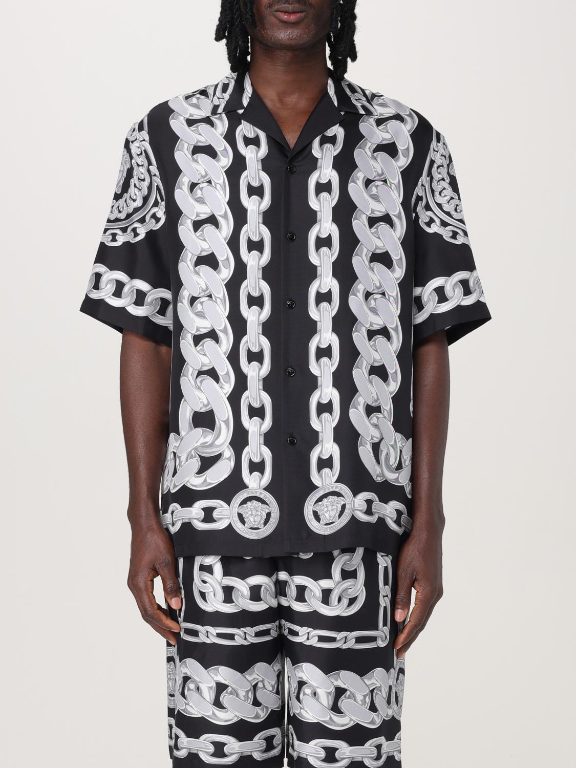 Versace Black And White Bowling Shirt With Cuban Collar And All-over Chain-link Print In Silk Man In Black
