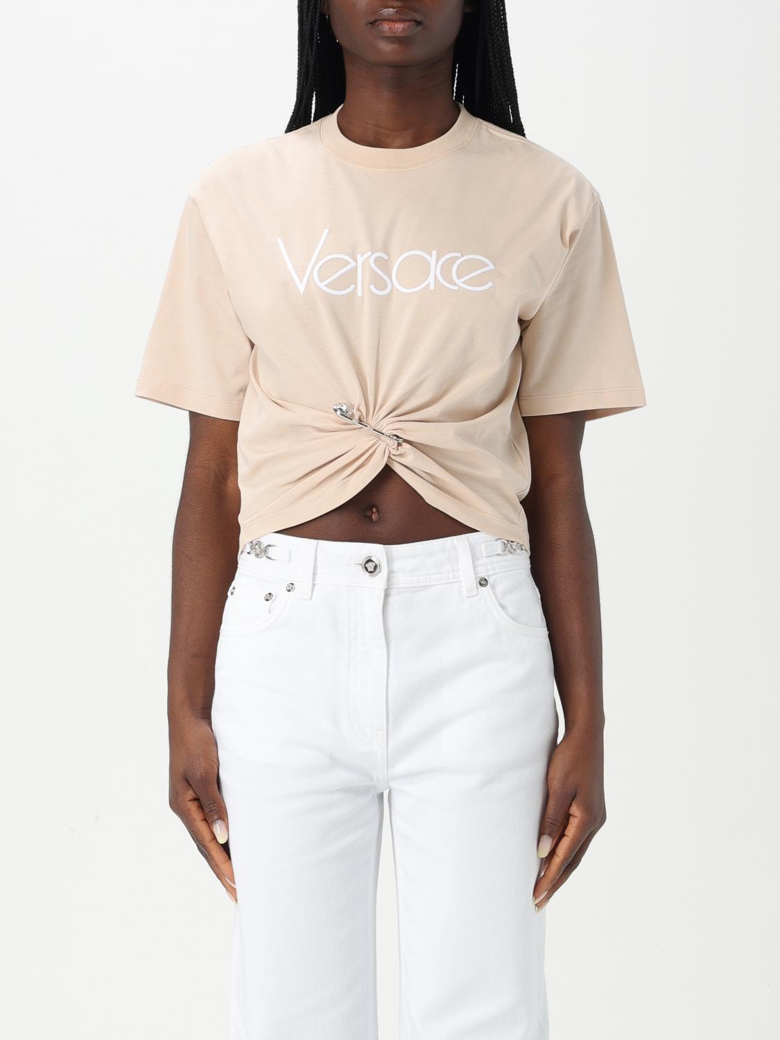 Versace Cropped T-shirt With Twist Detail And Safety Pin Logo In Pink