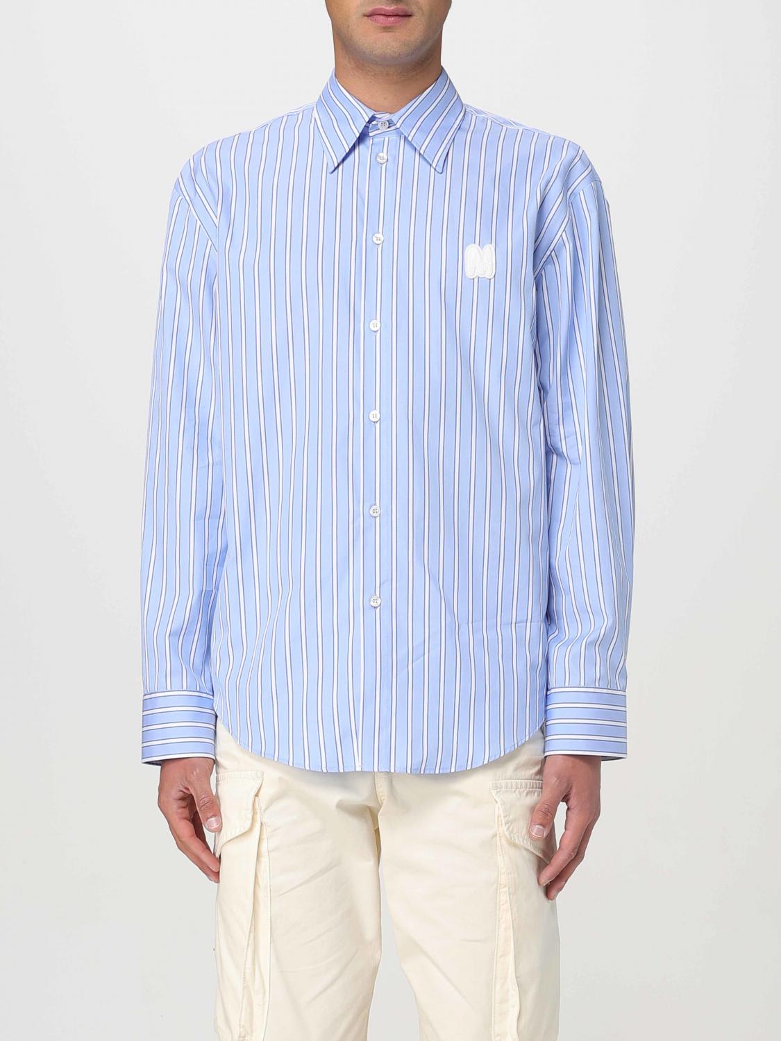 Msgm Logo Cotton T-shirt With Striped Cuffed Sleeves In Blue