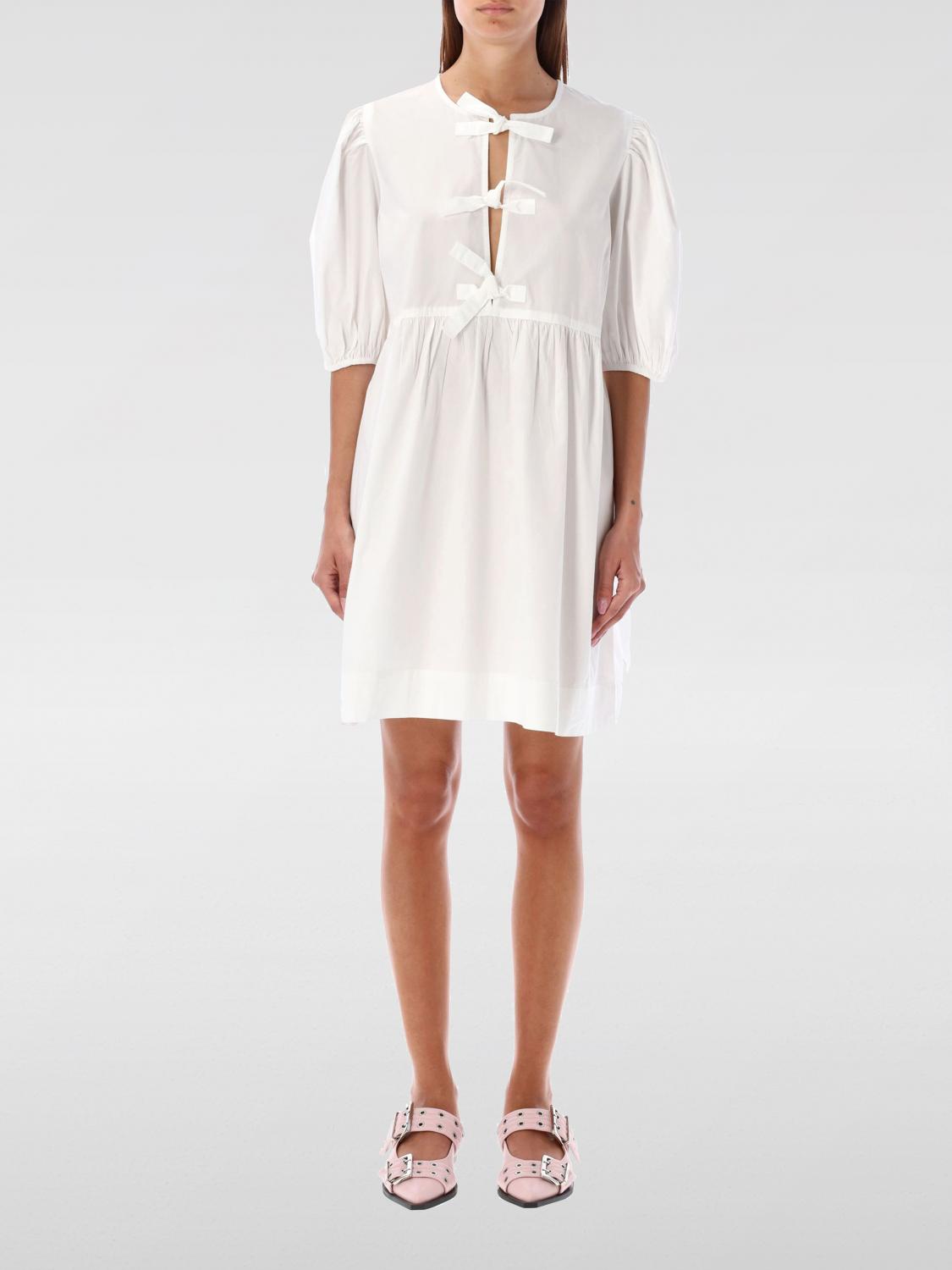 Ganni White Cotton Poplin Mini Dress With Bows In Neutral