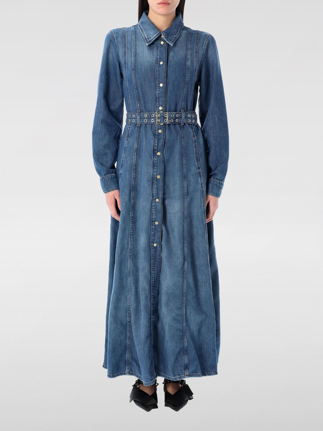Ganni Blue Long Dress With Adjustable And Removable Waist Belt In Cotton Blend Woman In Blau