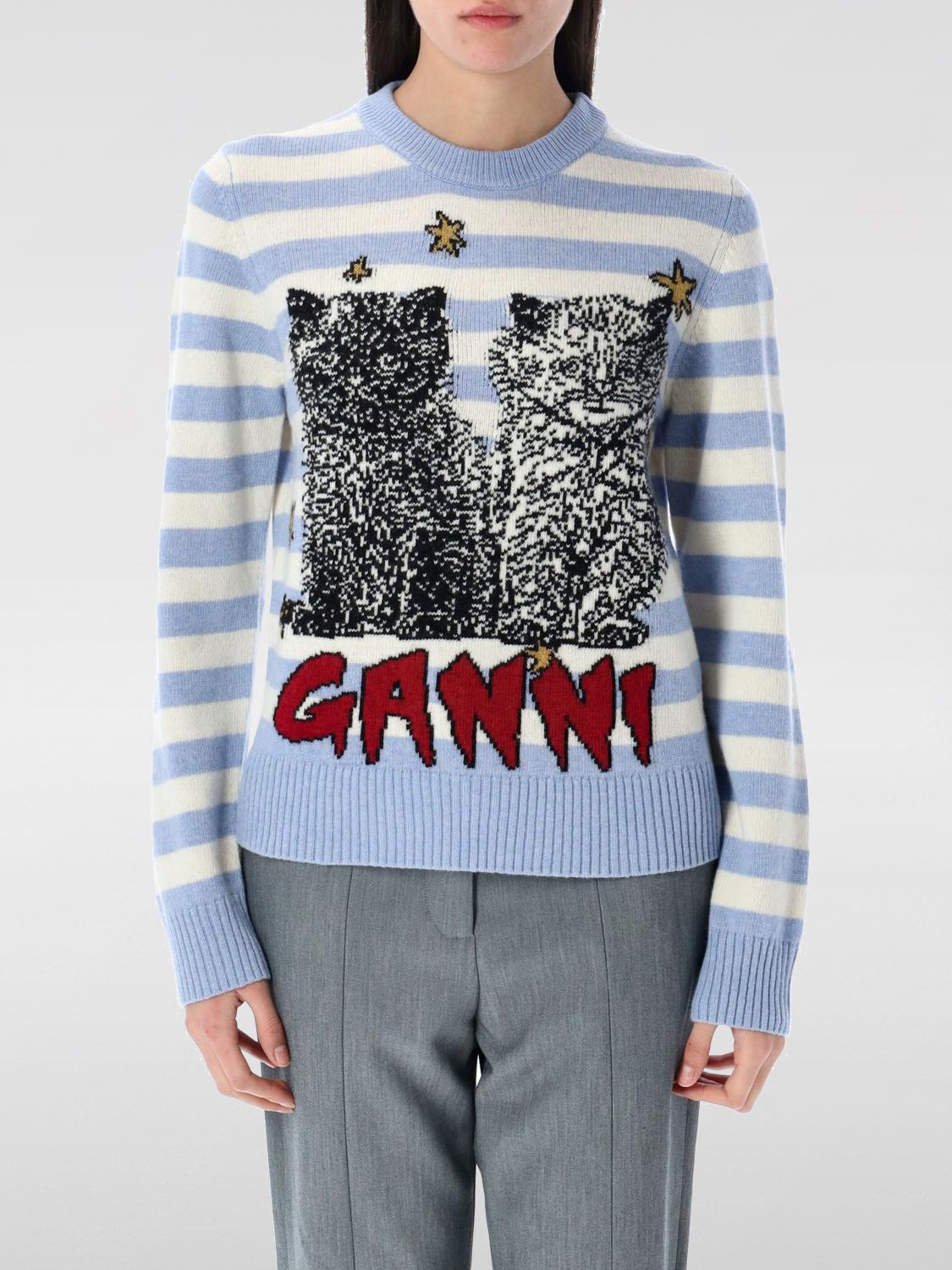 Ganni Light Blue Crewneck With Maxi Logo Print On The Front And All-over Striped Motif In Grau