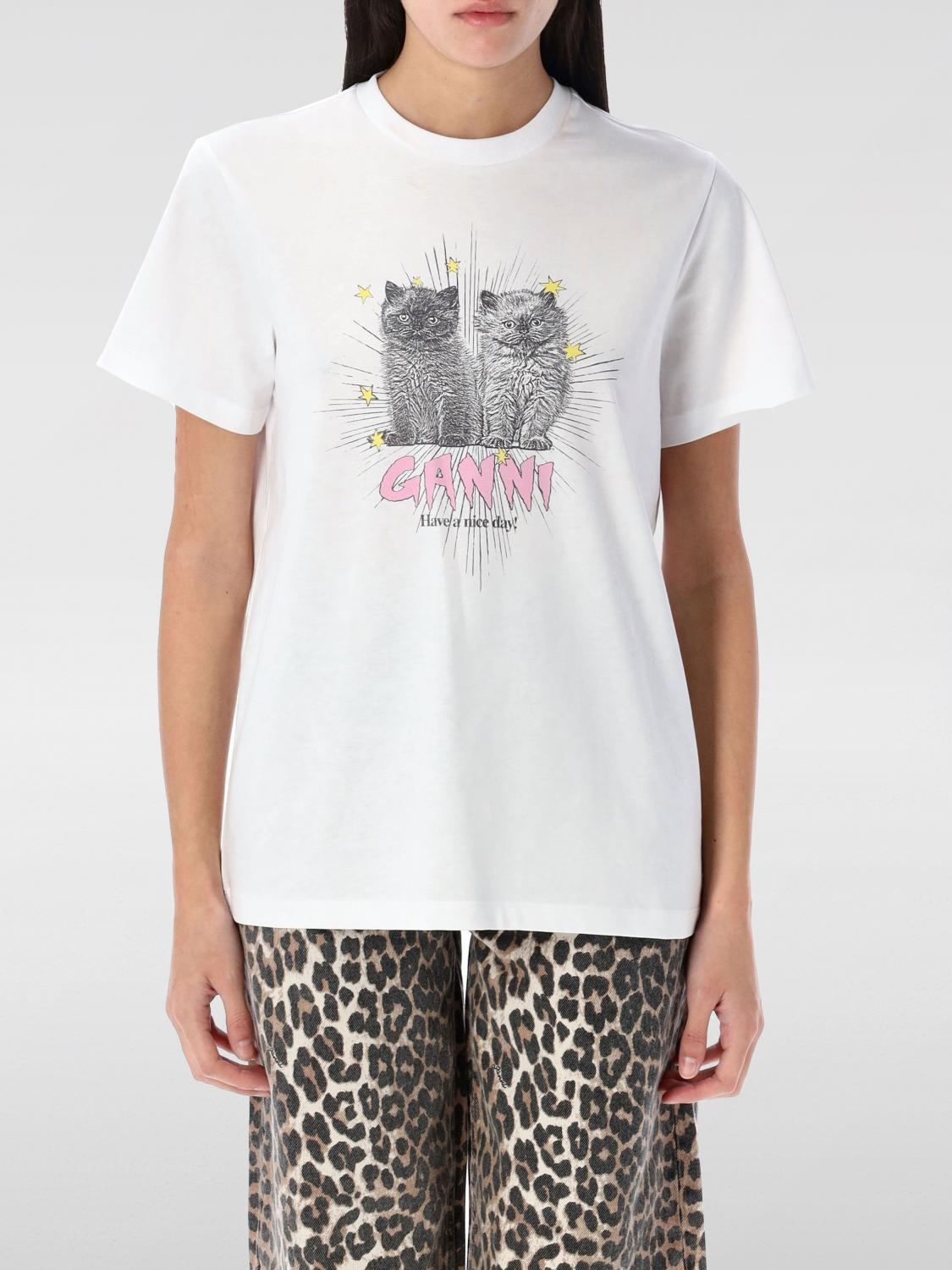 Ganni White Crewneck T-shirt With Logo Print On The Front In Cotton Woman In Weiss