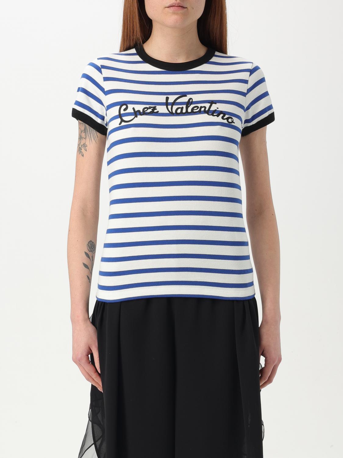 Valentino Womens Striped Embroidered Cotton-jersey T-shirt Avorio Blu In Ivory