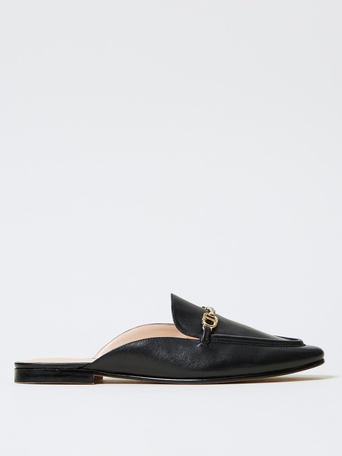 Twinset Black Mules With Logo Plaque On The Front In Leather Woman In Schwarz