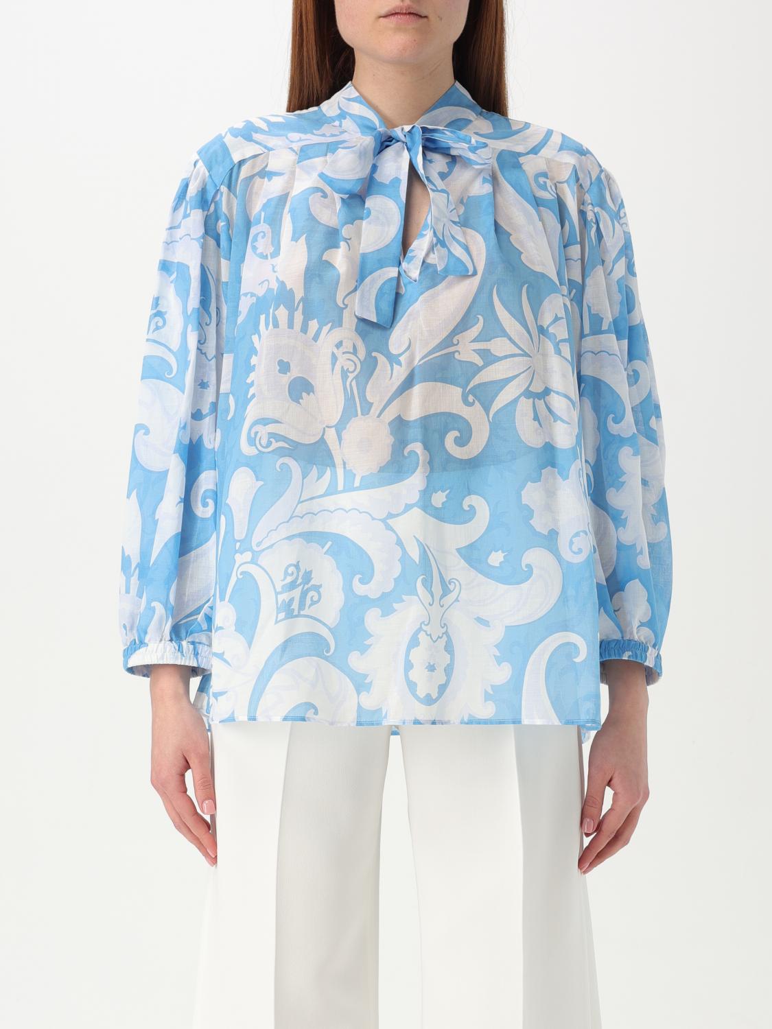 Etro Loose-fit Cotton Shirt With V-neck And Floral Pattern In Blau