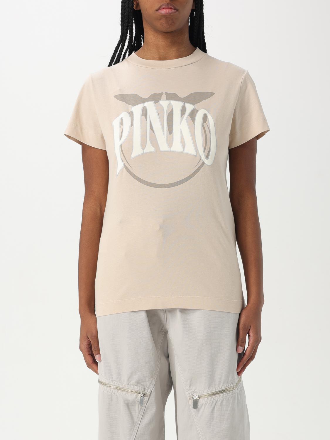 Pinko "launch" Crew Neck Graphic Print T-shirt In Beige