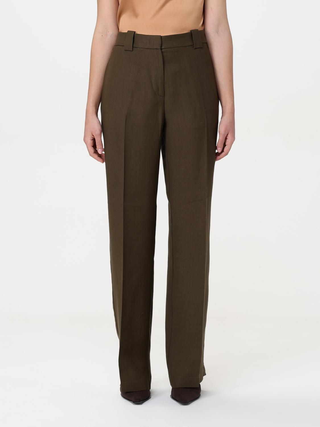 Pinko Green Pants With Belt Loops And Pleats In Viscose And Linen Blend Woman In Grün