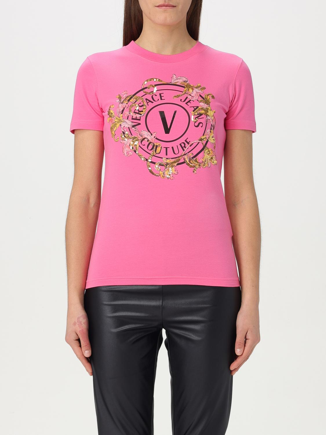 Versace Jeans Couture Sequin Embellished Crew-neck T-shirt With Graphic Print In Pink