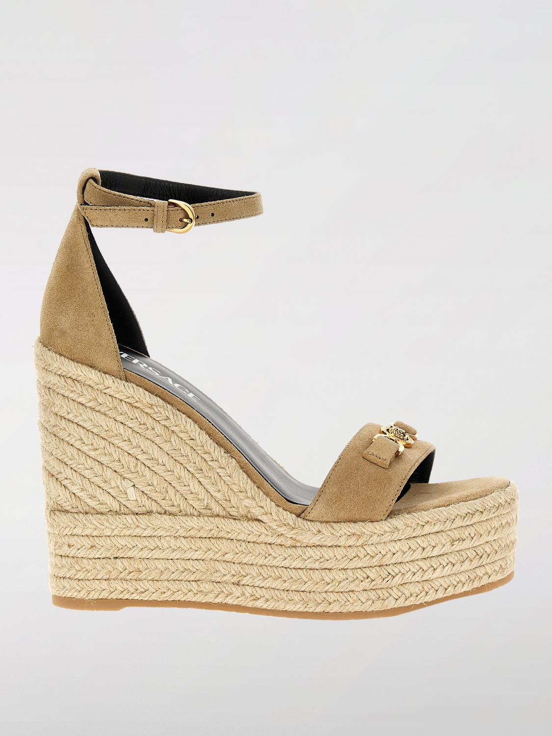 Versace Beige Wedges With Adjustable Buckle Closure And Medusa Plaque On The Front In Leather Woman In Beige