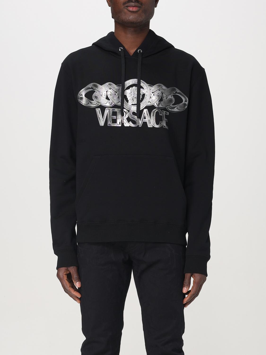 Versace Intricate Logo Print Sweatshirt With Kangaroo Pocket In Black