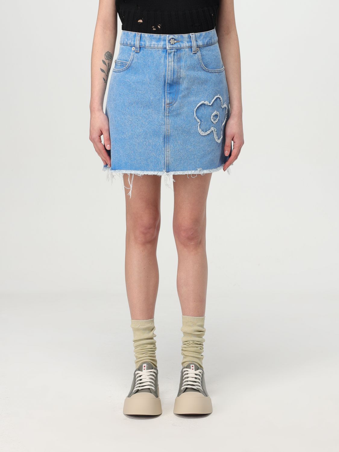 Marni Floral Embroidered Denim Skirt In Blue