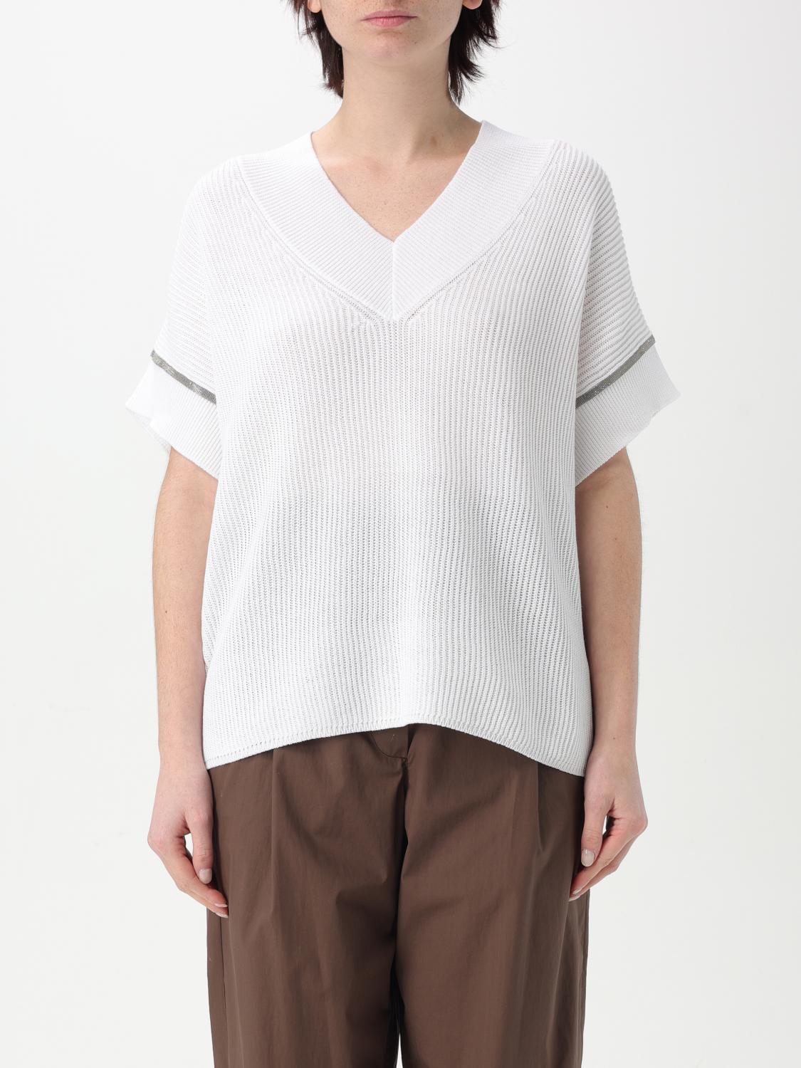 Brunello Cucinelli Textured Ribbed Top With Deep V-neckline In White