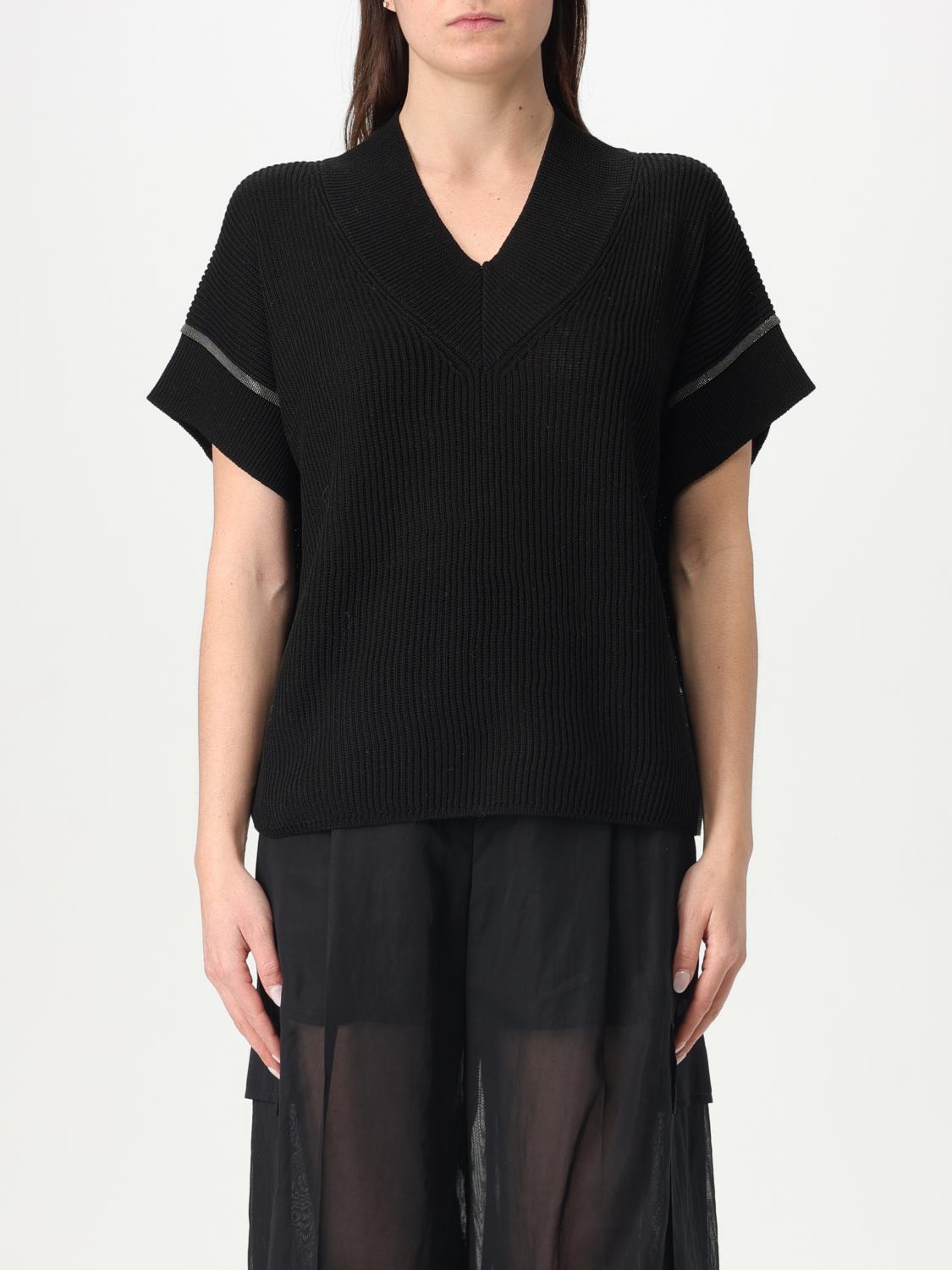 Brunello Cucinelli Black V-neck T-shirt With Monile Detail In Stretch Cotton Woman In Black