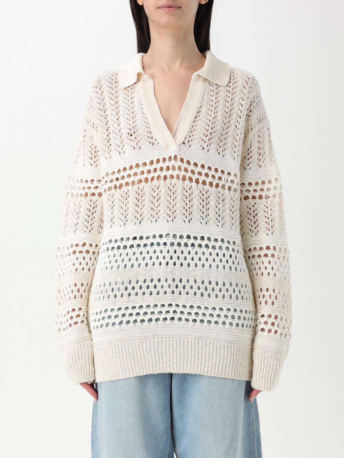 Pinko Textured Knit White Sweater With Stylish Collar In White