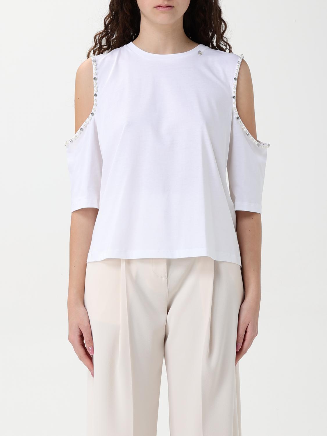Liu •jo Crewneck Cold Shoulder T-shirt With Pearl Embellishments In White