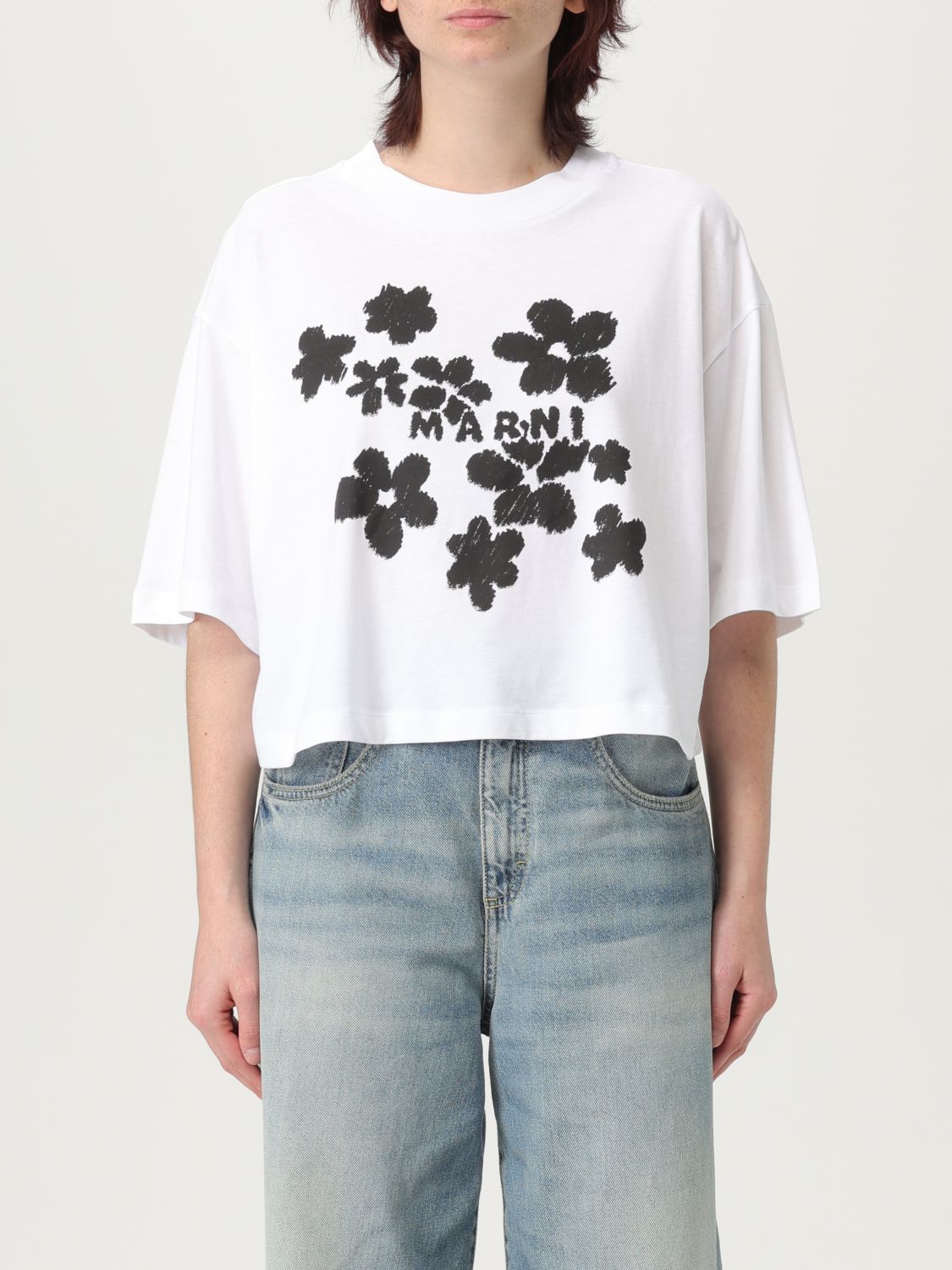 Marni White Cotton T-shirt With Daisy Garden Print