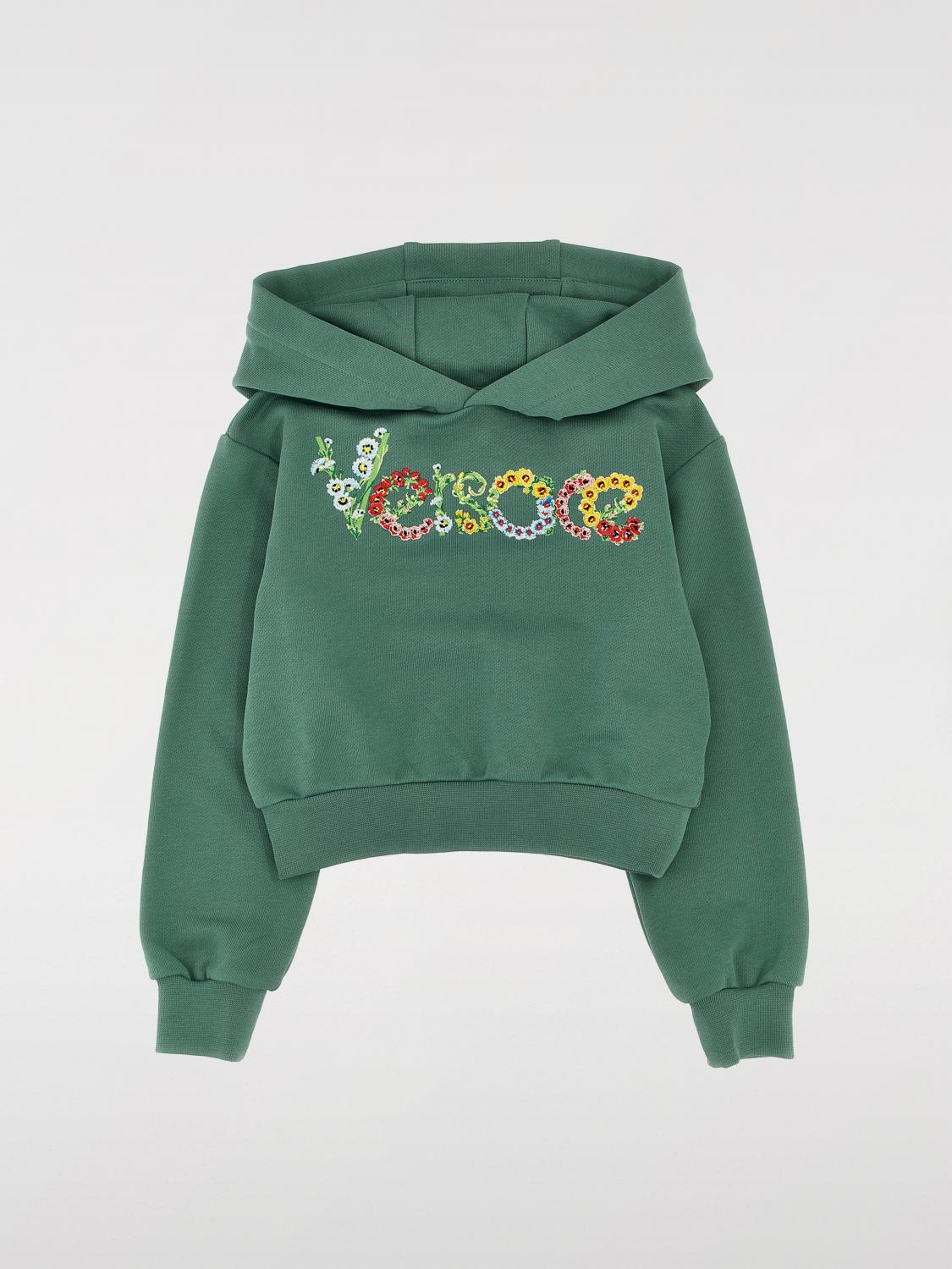 Versace Girl's Hoodie W/ Embroidered Floral Logo In Green