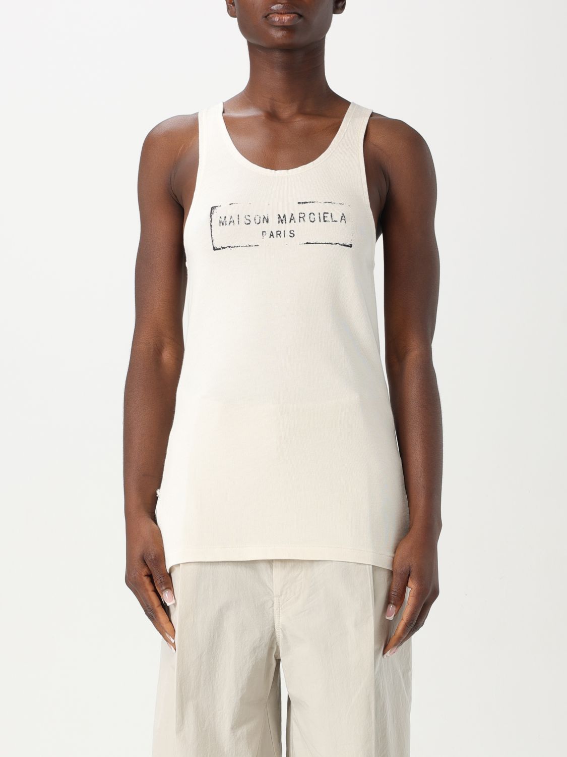 Maison Margiela Beige Top With Wide Neckline And Logo Printed On The Front In Viscose And Cotton Blend Woman In Beige