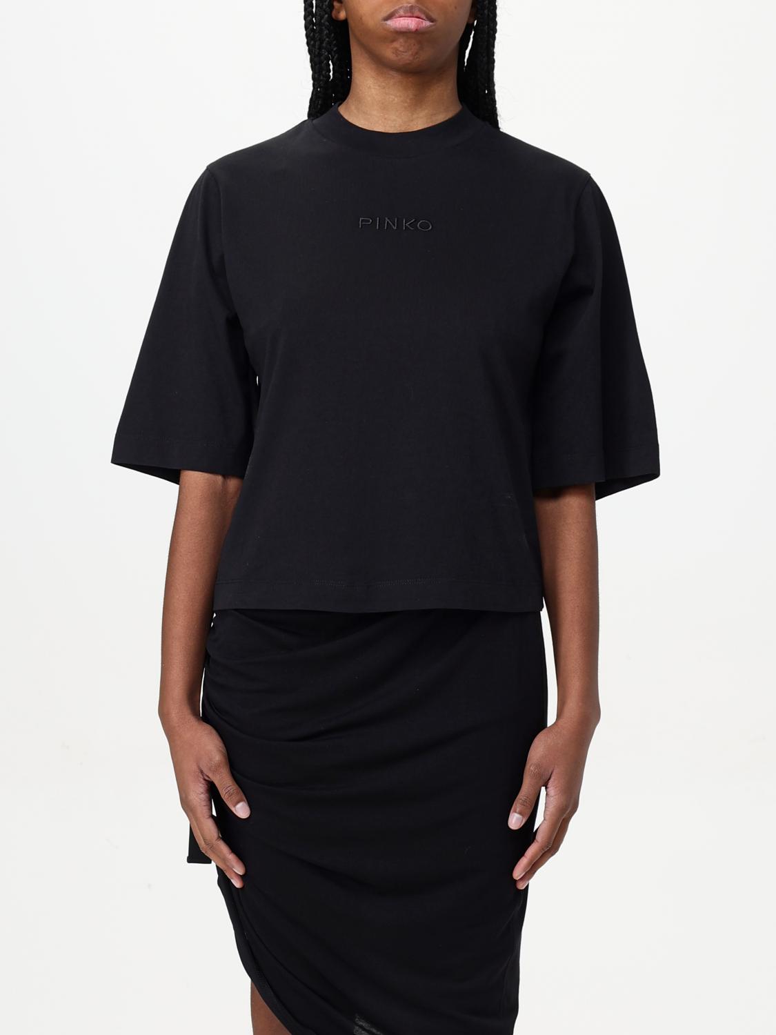 Pinko Logo-embroidered Cotton Cropped T-shirt In Black
