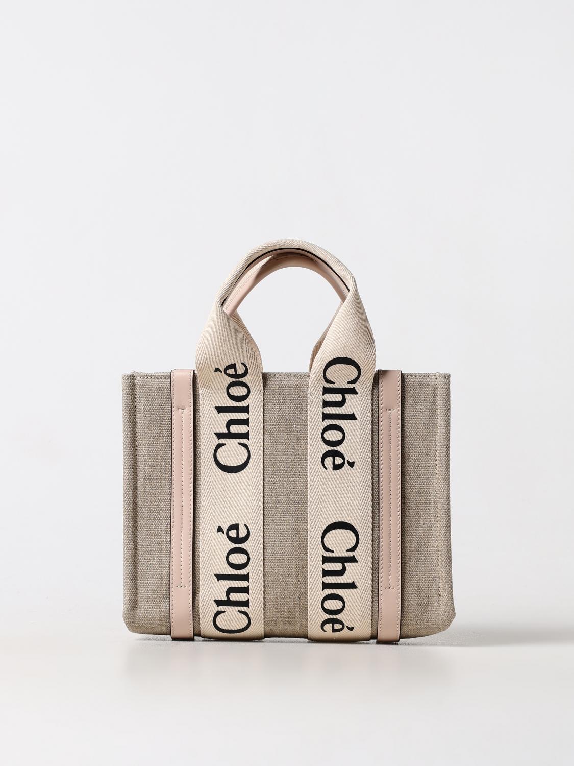 Chloé Small Woody Leather And Linen Tote Bag In Gray