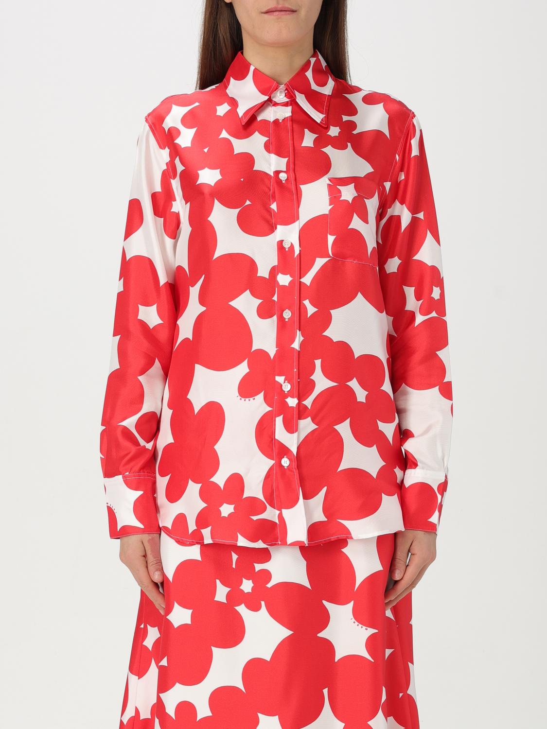 Marni Flower Print Classic Button Down Silk Top In Red