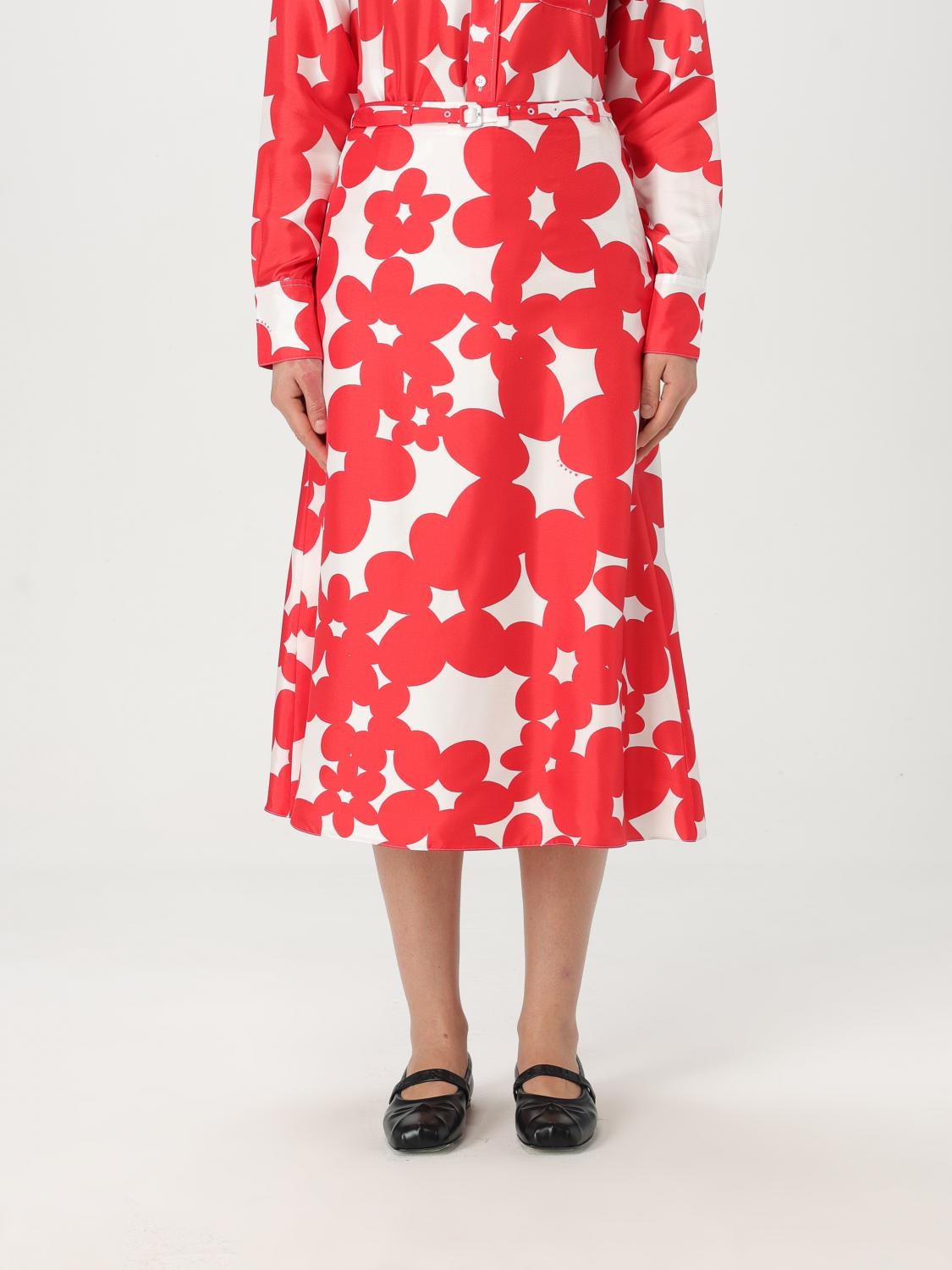 Marni Floral Print A-line Skirt With Belted Waist In Red