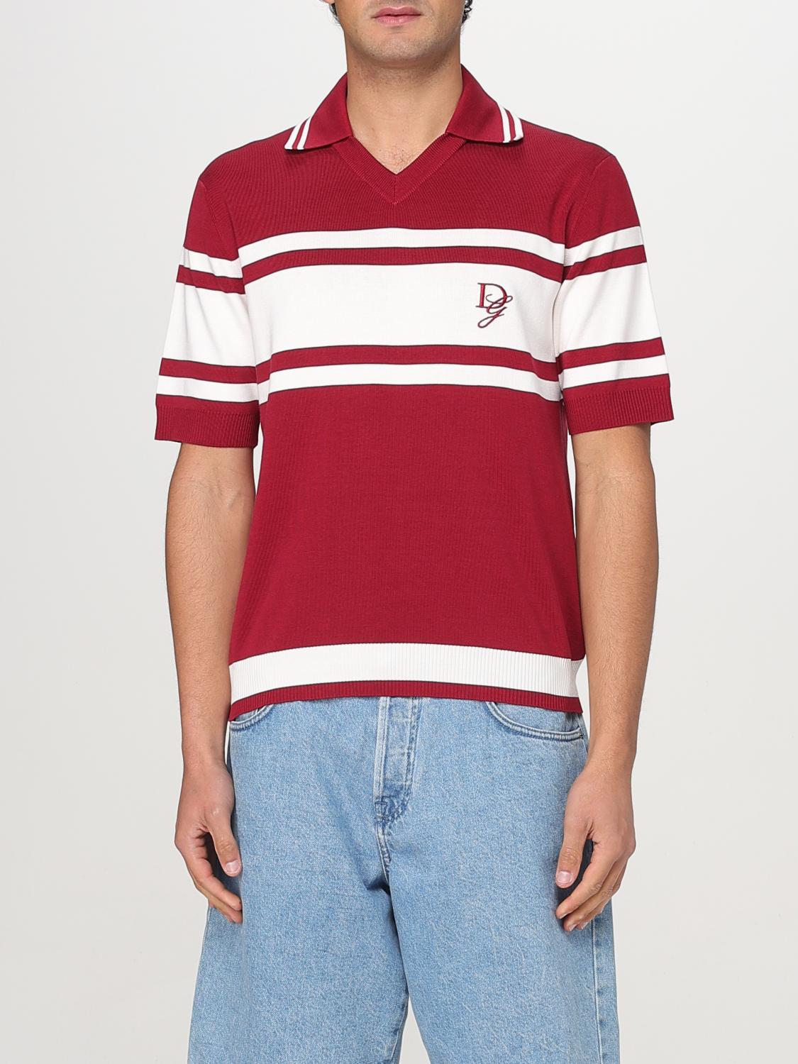 Dolce & Gabbana Red Polo With Striped Motif And Logo Embroidered On The Front In Burgundy