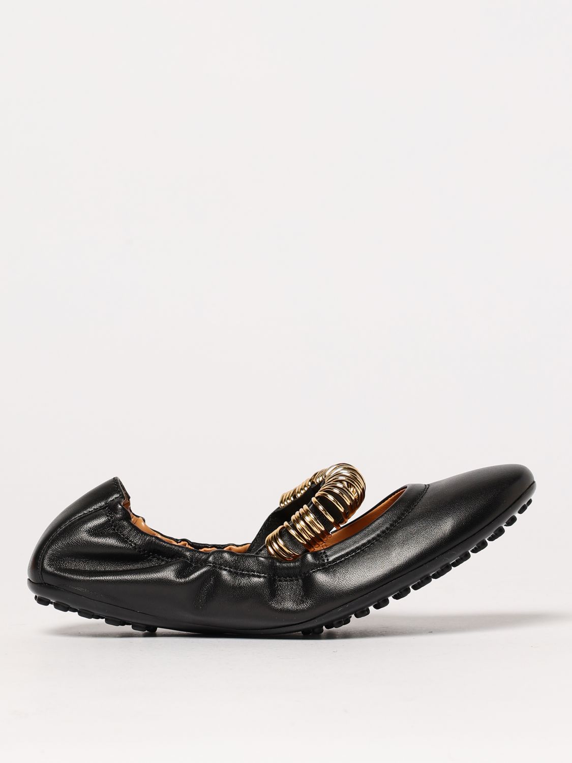 Tod's Ballerina In Leather With Strap With Metal Rings In Black