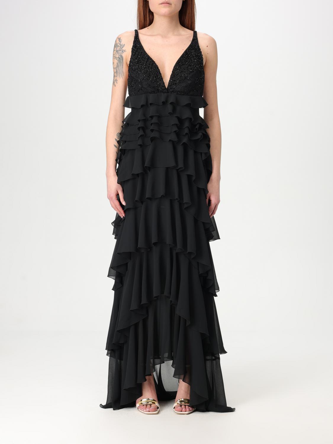 Elisabetta Franchi Georgette Flounced Gown In Black