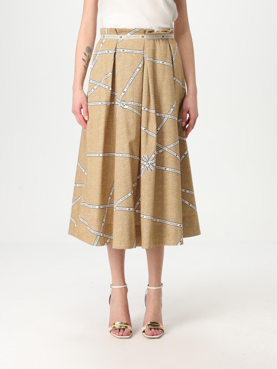 Elisabetta Franchi Pleated Midi Skirt With Wide Belted Waist In Beige