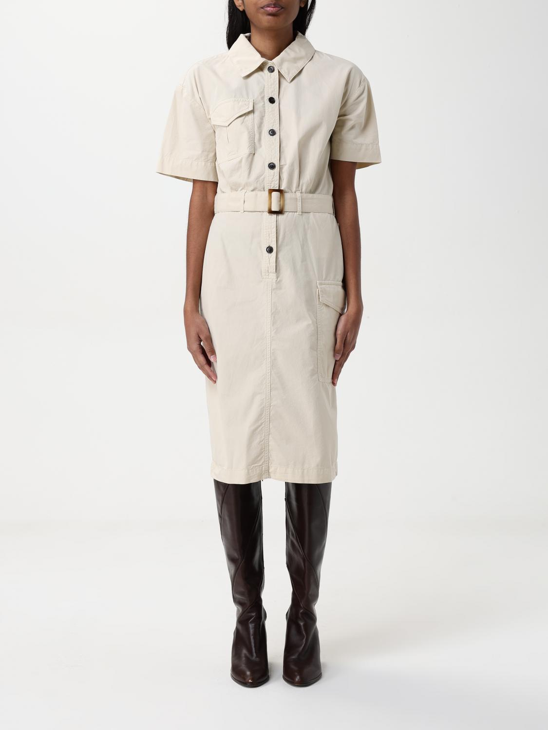 Woolrich Women's Cotton Dress With Buttons And Buckle Belt In Beige