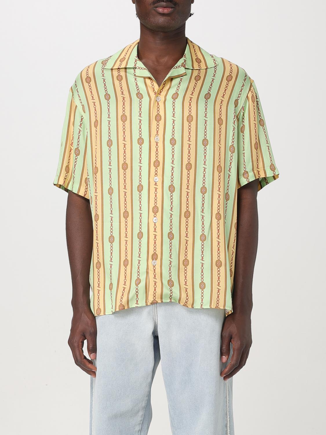 Drôle De Monsieur 'la Chemise Bijoux' Multicolor Bowling Shirt With Cuban Collar And All-over Striped Motif In Grün