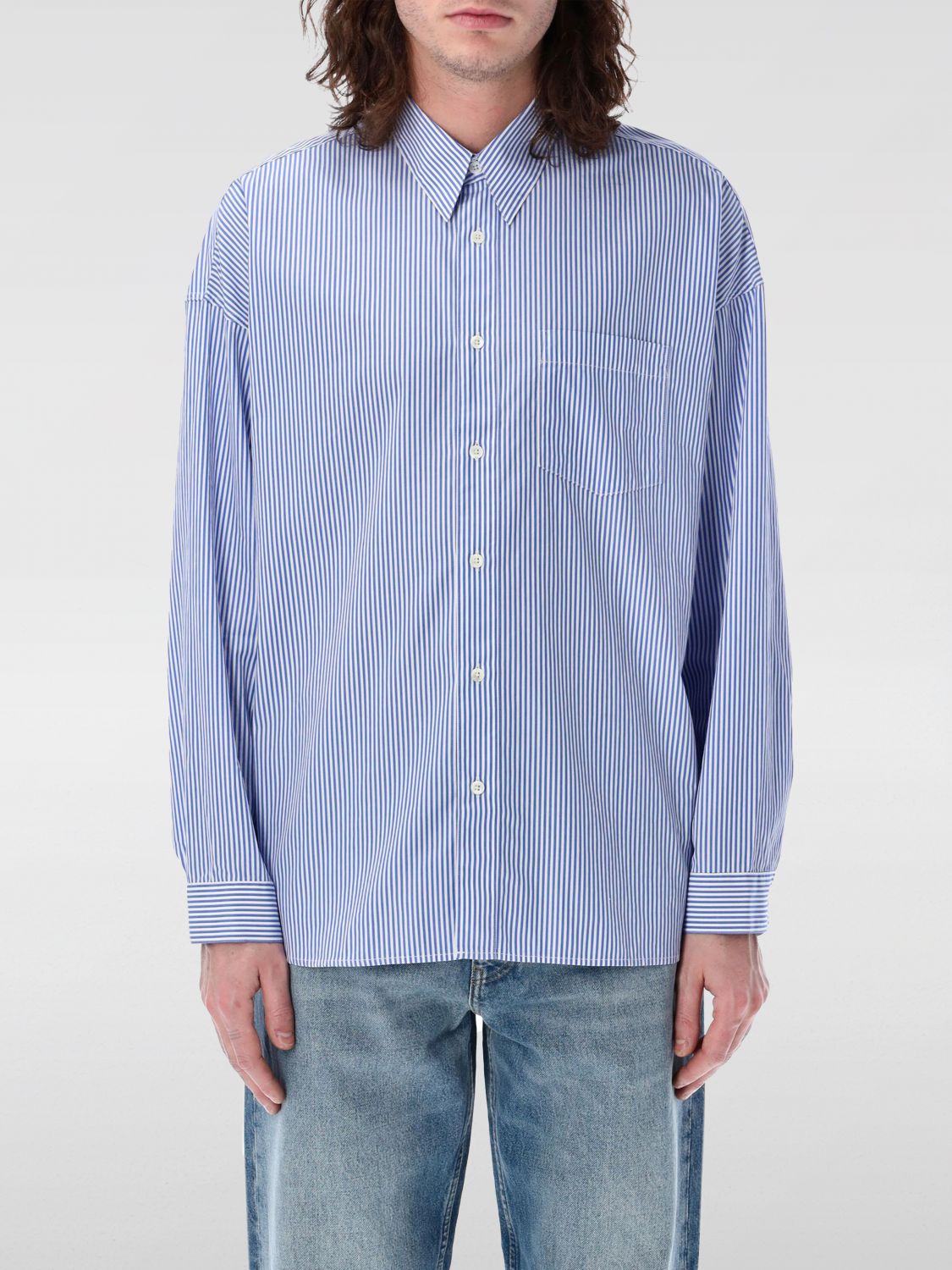 Sunflower Blue Striped Cotton Shirt With Button-down Collar In Blau