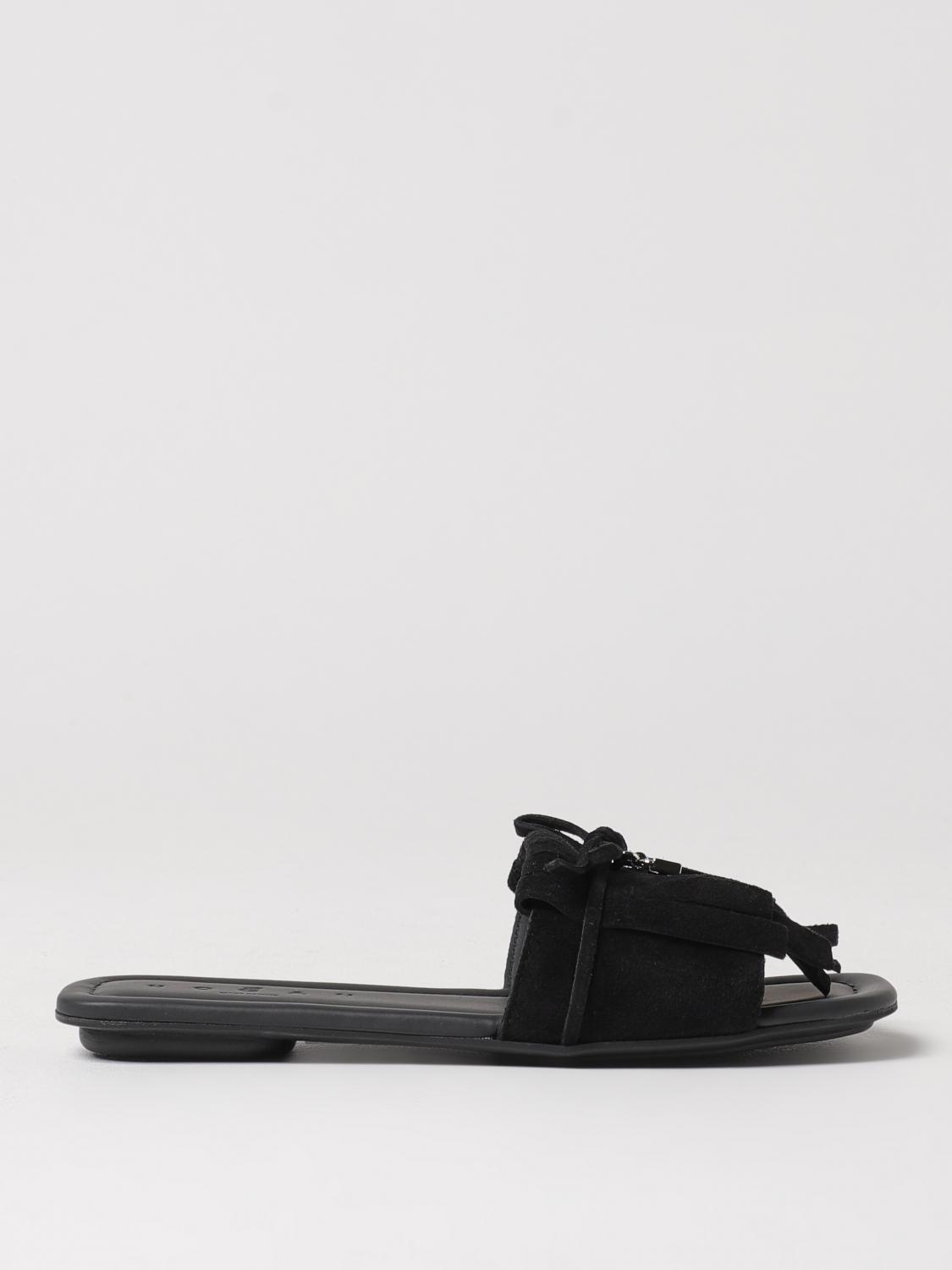 Hogan Flat Suede Sandals Fringe Detail In Black