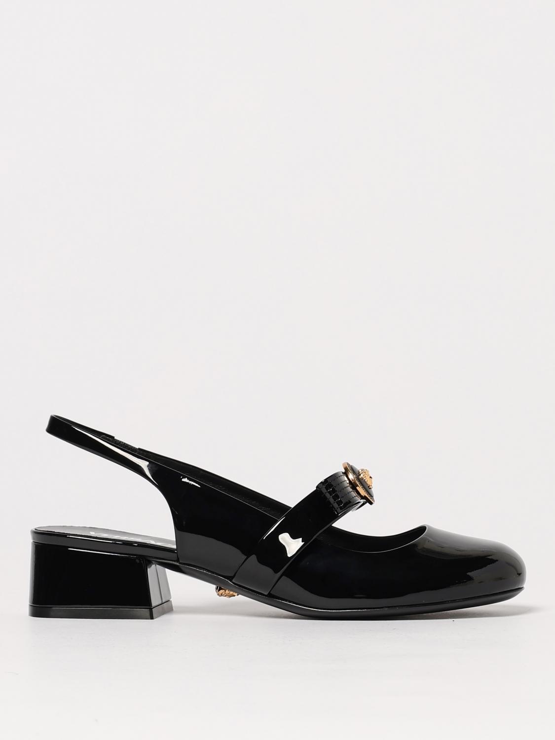 Versace Black Ballerina Shoes With Heel And Medusa Detail On The Front In Shiny Leather Woman In Schwarz
