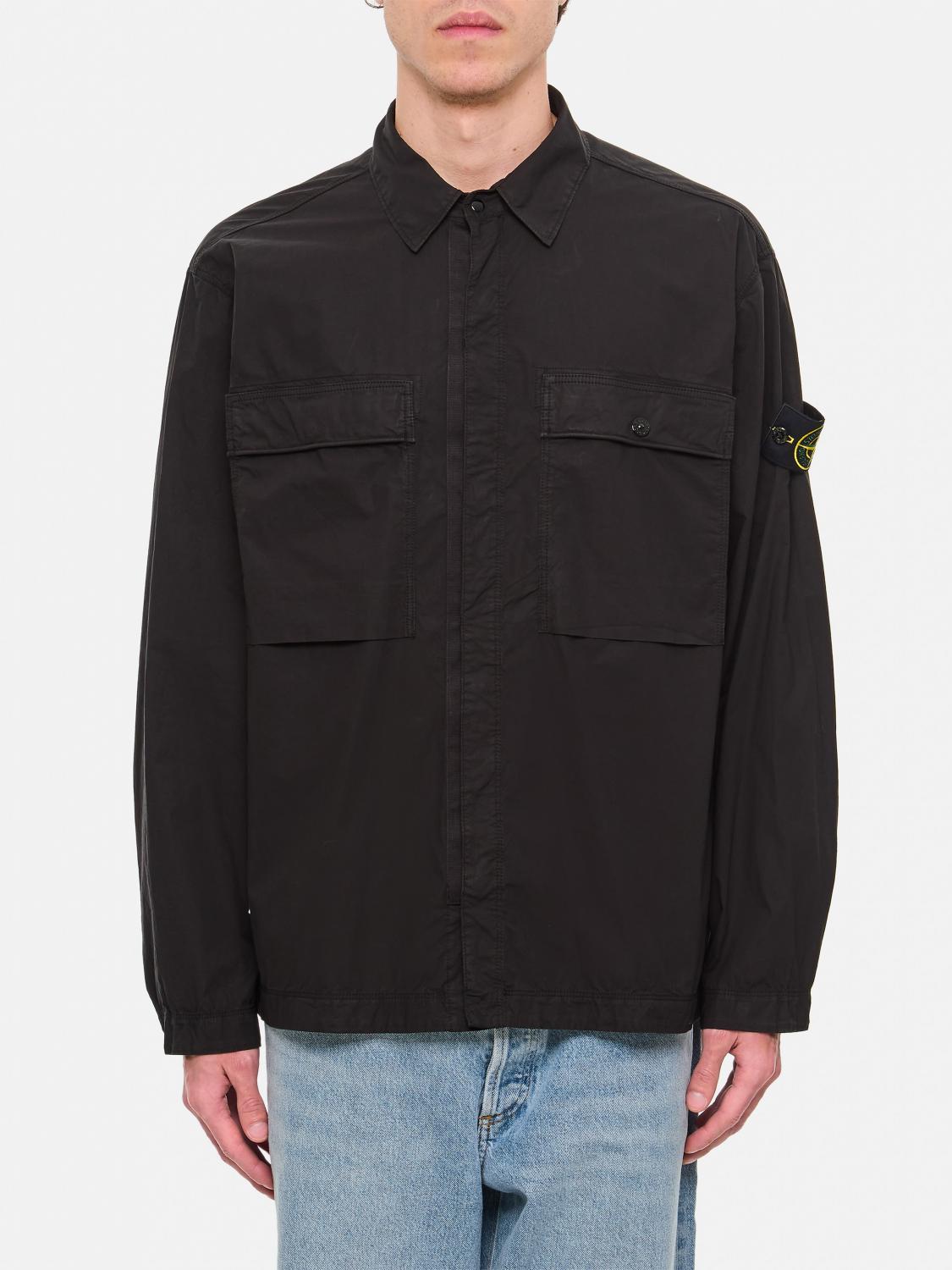 Stone Island Compass-patch Zip-up Overshirt In Black