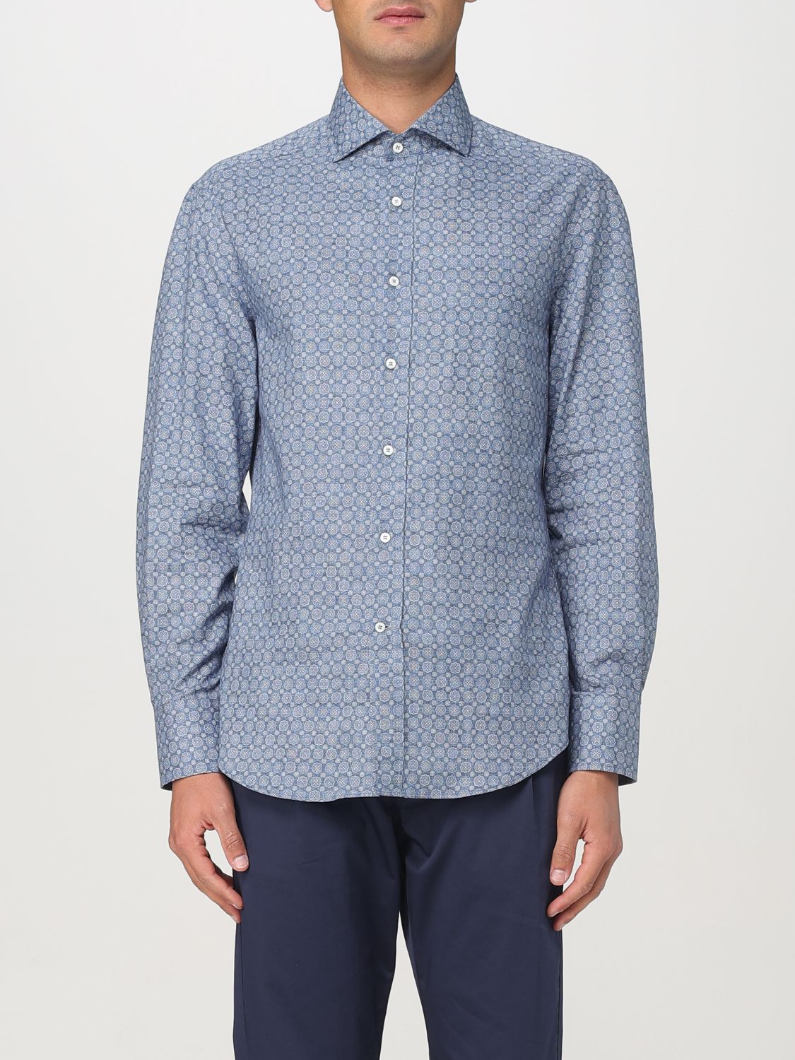 Brunello Cucinelli Floral Print Twill Basic Fit Shirt With Button-down Collar In Denim