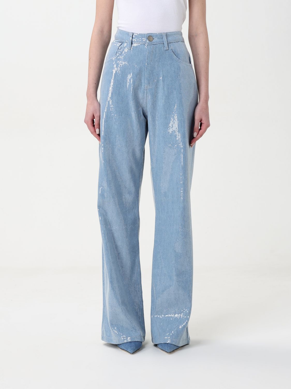 Federica Tosi Light Blue Five-pocket Jeans With All-over Sequins In Fabric Woman In Denim