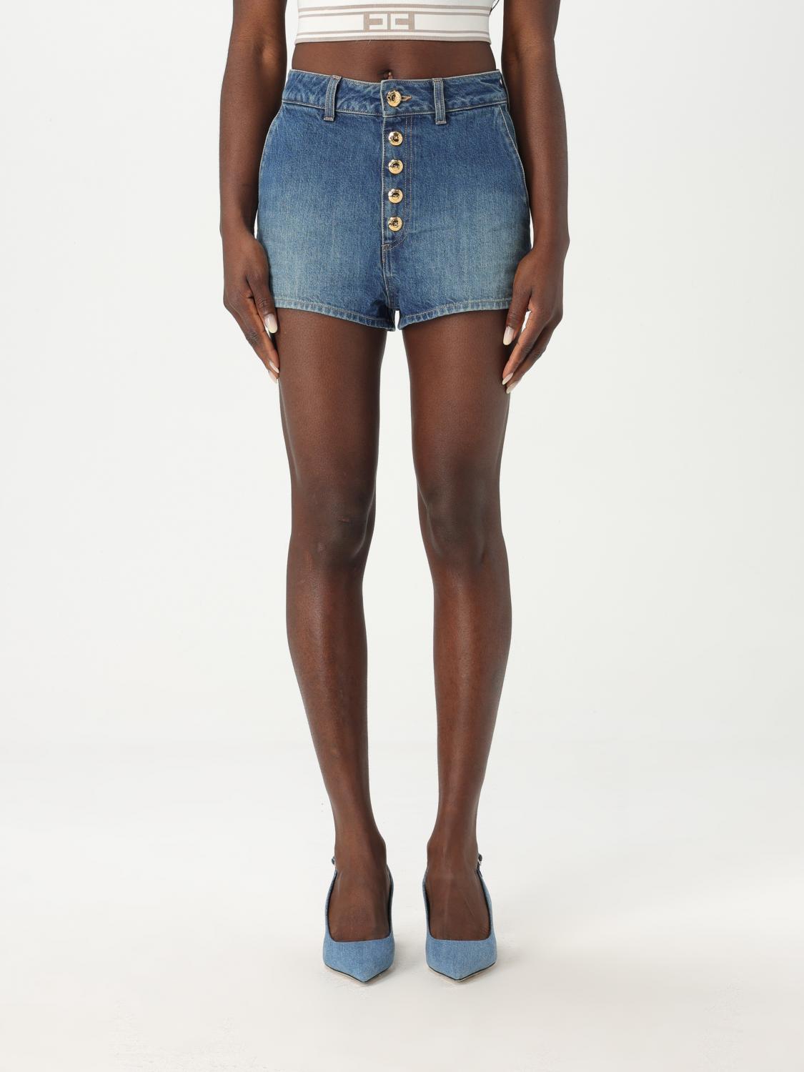 Elisabetta Franchi High Waist Denim Shorts With Button Detailing In Blue
